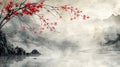 Vintage Chinese river water decorations with grey watercolor texture. Abstract art landscape with bamboo leaves branch