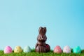 Vintage chocolate bunny with easter eggs over grass