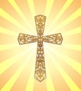 Vintage Christian Cross with gold floral pattern on background with sun rays