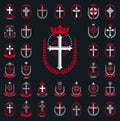 Vintage Christian crosses vector logos or emblems, heraldic design elements big set, classic style heraldry religion symbols,