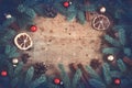 Vintage Christmas background. Fir branches Toys Spices arranged Royalty Free Stock Photo