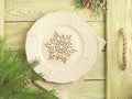 Vintage Christmas background. Wooden tray with rough rope handle