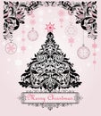 Vintage christmas greeting postcard with xmas floral decorative tree and hanging decoration with paper snowflakes Royalty Free Stock Photo