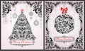 Vintage christmas black and white greeting cards with floral xmas tree, hanging ball and ornate decoration