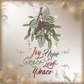 Vintage Christmas card with color mistletoe branch and brush lettering holiday wishes. Royalty Free Stock Photo