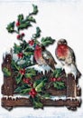 Vintage christmas card With holly branches and two birds in the snow