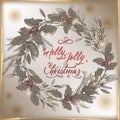 Vintage Christmas card with Holly Jolly brush lettering, mistletoe and pine wreath.