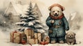 Vintage christmas card of a whimsical teddy bear. Rustic colors and hand drawn style. Christmas tree motif with ornaments Royalty Free Stock Photo
