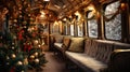 Vintage Christmas Celebration Inside an Old Train Carriage Classic Decorations, Christmas Tree, and Fairy Lights Generative AI Royalty Free Stock Photo