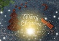 Vintage Christmas composition with Coffee beans Christmas Tree Magic Sky Snowflakes Fir Tree Cinnamon Stars and lights. Christmas