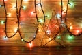 Vintage Christmas Decoration With Stars And Lights On Wooden Table Royalty Free Stock Photo