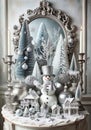 Vintage Christmas. Decorative Snowman, Christmas decorations and Winter Village Display