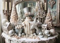 Vintage Christmas. Decorative Snowman, Christmas decorations and Winter Village Display