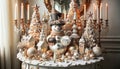 Vintage Christmas. Decorative Snowman, Christmas decorations and Winter Village Display