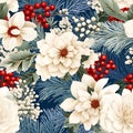 Vintage christmas decoupage paper seamless pattern with botanical elements, berries, leafs, branches, flowers
