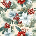 Vintage christmas decoupage paper seamless pattern with botanical elements, berries, leafs, branches, flowers.