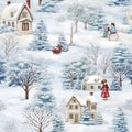 Vintage christmas decoupage paper seamless pattern with little houses, trees, snowmen, snow
