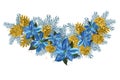 Vintage Christmas garland with golden pine cones and blue poinsettia isolated on white background