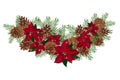 Vintage Christmas garland with pine cones and poinsettia isolated on white background