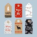 Vintage Christmas gift tags set. Hand drawn labels with Christmas tree, deer , stars and lights. illustration