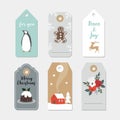 Vintage Christmas gift tags set. Hand drawn labels with winter flowers, fruit, pudding, penguin bird, gingerbread cookie