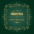 Vintage Christmas golden frame. Merry Christmas and Happy New year wish greeting card design in retro style.