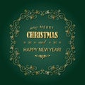 Vintage Christmas golden frame. Merry Christmas and Happy New year wish greeting card design in retro style.