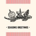 Vintage Christmas greeting card. Christmas and holiday card with Christmas decoration in retro style. Vector Illustration. Royalty Free Stock Photo