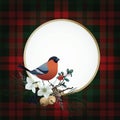 Vintage Christmas greeting card, invitation. Bullfinch bird sitting on golden frame. Floral garland of pine tree Royalty Free Stock Photo