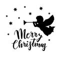 Vintage Christmas greeting card, invitation with silhouette of angel blowing trumpet and stars. Handwritten Merry Christmas. Royalty Free Stock Photo