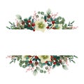 Vintage Christmas greeting card, invitation. Watercolor floral garland made of fir tree and eucalyptus branches