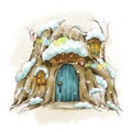 Vintage Christmas greeting card. Woodland fairy tale house covered with snow