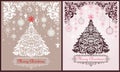 Vintage Christmas greeting cards variation with paper cutting xmas floral tree, floral adornment and hanging decoration with balls Royalty Free Stock Photo