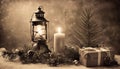 vintage christmas lantern A vintage Christmas with a lantern and a fir tree branch. The lantern is old fashioned and charming Royalty Free Stock Photo