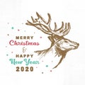 Vintage Christmas and new year greeting card with reindeer. Grunge texture sketch hand drawn lettering typography style vector Royalty Free Stock Photo