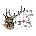 Vintage Christmas and new year greeting card with reindeer. Grunge texture sketch hand drawn lettering typography style vector Royalty Free Stock Photo