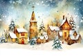 Vintage Christmas New Years greeting card banner with winter scene in countryside. Watercolor illustration