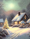 Vintage Christmas New Years greeting card with winter scene in countryside. Houses rooftops covered with snow decorated fir trees Royalty Free Stock Photo