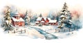 Vintage Christmas New Years greeting card with winter scene in countryside. Watercolor illustration