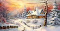 Vintage Christmas New Years greeting card with winter scene in countryside. Watercolor illustration. Houses rooftops in snow