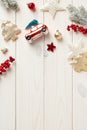 Vintage Christmas ornaments on white wooden desk table. Flat lay, top view Royalty Free Stock Photo