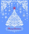 Vintage christmas blue pastel greeting card with paper cutting xmas floral white tree, snowflakes and hanging decoration Royalty Free Stock Photo