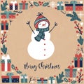 Square Vintage Christmas postcard with a snowman gifft boxes and the inscription MERRY CHRISTMAS