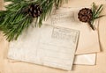 Vintage christmas postcard with pine tree branch Royalty Free Stock Photo