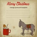 Vintage Christmas Postcard With Retro Rocking Toy Donkey On Wheels And Mug Of Coffee Sketch Vector Illustration. Vintage