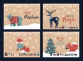 Vintage Christmas postcards with abear, deer, squirrel, christmas tree and gifts and the inscription