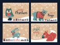Vintage Christmas postcards with owl, bear, squirrel and hare and gifts and the inscription