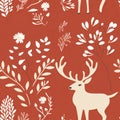 Vintage christmas reindeer seamless pattern in solid vector style, red and white pastel colors Royalty Free Stock Photo