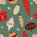 Vintage Christmas seamless pattern with baubles and ornaments Royalty Free Stock Photo