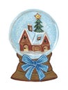 Vintage Christmas Snow Globe house and christmas tree and blue r Royalty Free Stock Photo